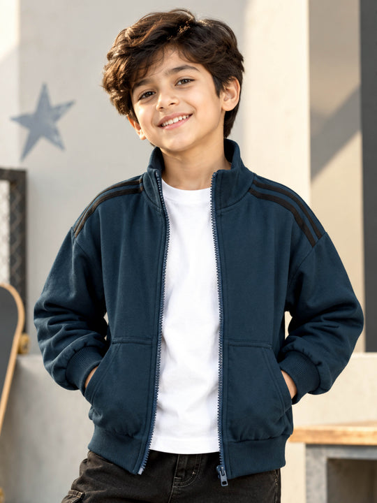 Kiddopanti Boys Cotton Blend Fleece Drop Shoulder Sleeves Solid Zip Front Sweatshirt with Shoulder Stripe Tape