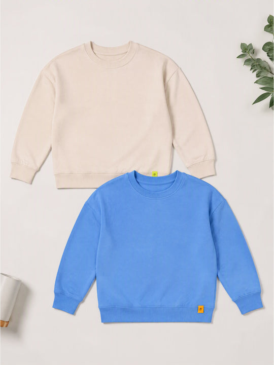 Kiddopanti Boys Cotton Fleece Full Sleeves Solid Drop Shoulder Sweatshirt Pack of 2