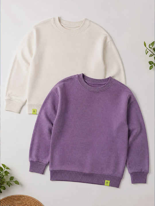 Kiddopanti Boys Cotton Fleece Full Sleeves Solid Drop Shoulder Sweatshirt Pack of 2