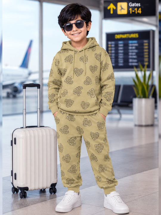 Kiddopanti Boys Cotton Fleece Hooded Pull Over Hearts Printed Sweatshirt & Track Pant Set