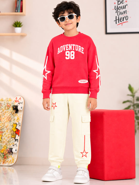 Kiddopanti Boys Fleece Graphic Printed Sweatshirt With Cargo Joggers Co-ord Set