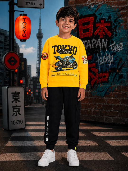 Kiddopanti Boys Fleece Graphic Printed Sweatshirt With Cargo Joggers Co-ord Set