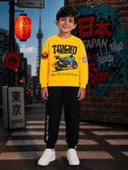 Kiddopanti Boys Fleece Graphic Printed Sweatshirt With Cargo Joggers Co-ord Set - Cyber Yellow Tokyo Street Bike/ Black Sports Club / 2-3Y