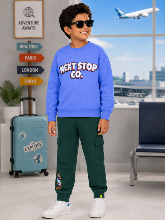 Kiddopanti Boys Fleece Graphic Printed Sweatshirt With Cargo Joggers Co-ord Set