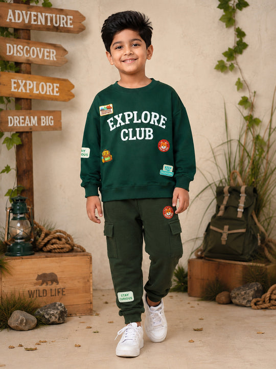 Kiddopanti Boys Fleece Graphic Printed Sweatshirt With Cargo Joggers Co-ord Set