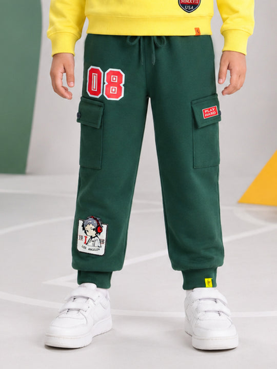Kiddopanti Boys Cotton Fleece Graphic Printed Cargo Joggers