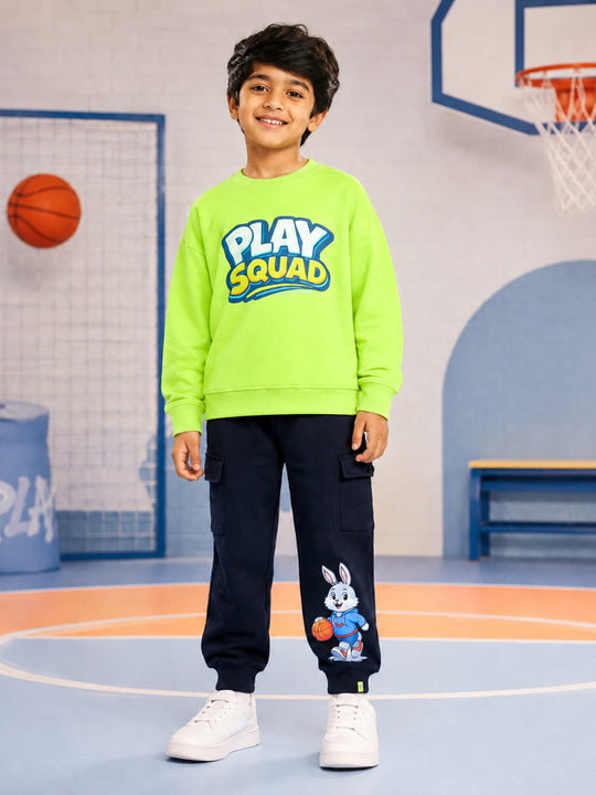 Kiddopanti Boys Fleece Graphic Printed Sweatshirt With Cargo Joggers Co-ord Set