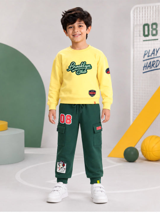 Kiddopanti Boys Fleece Graphic Printed Sweatshirt With Cargo Joggers Co-ord Set