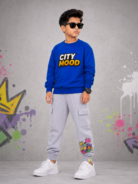 Kiddopanti Boys Fleece Graphic Printed Sweatshirt With Cargo Joggers Co-ord Set