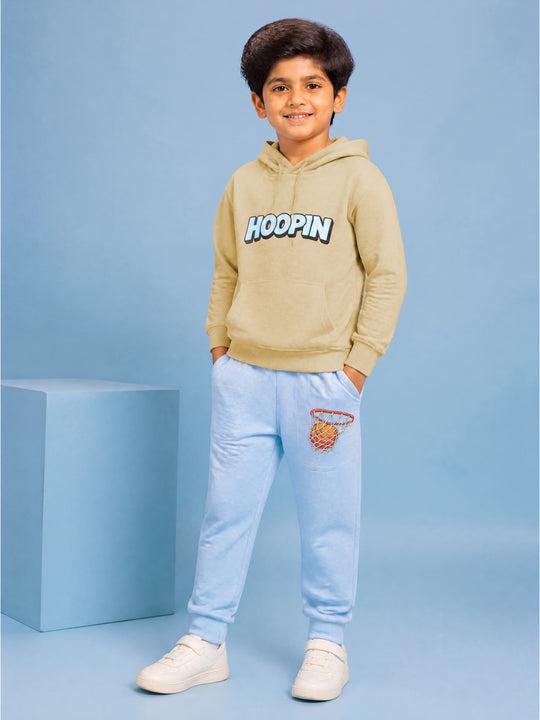 Kiddopanti Boys Cotton Blend Fleece Full Sleeves Hooded Sweatshirt & Graphic Printed Track Pants Set