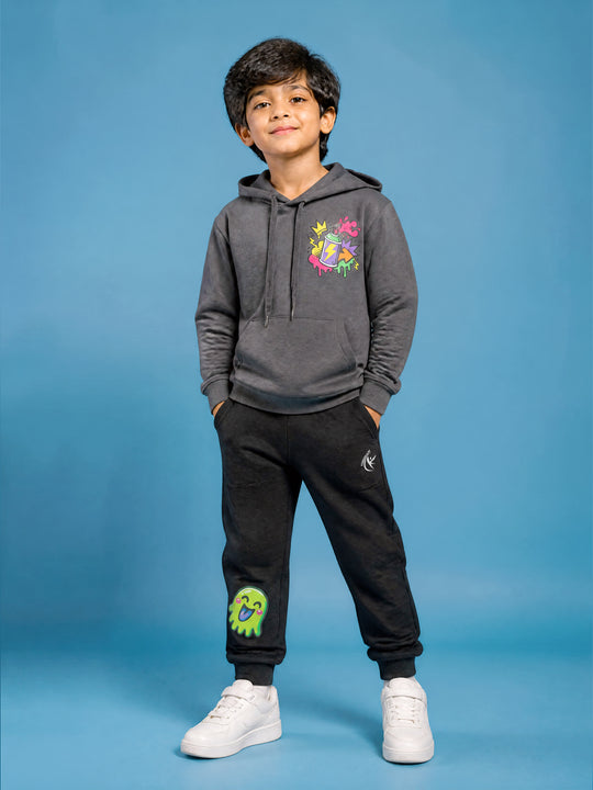 Kiddopanti Boys Cotton Blend Fleece Full Sleeves Hooded Sweatshirt & Graphic Printed Track Pants Set
