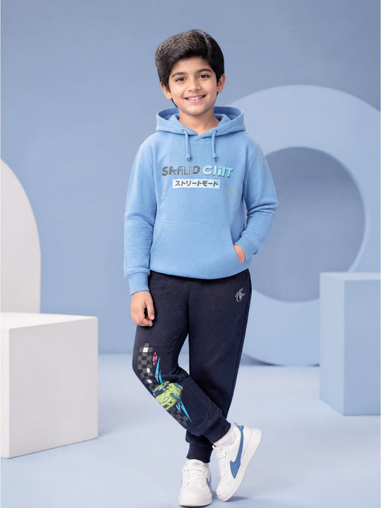 Kiddopanti Boys Cotton Blend Fleece Full Sleeves Hooded Sweatshirt & Graphic Printed Track Pants Set