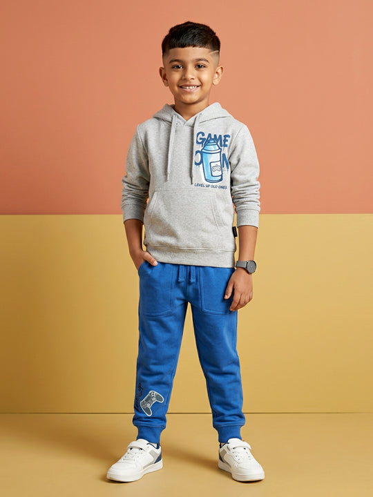Kiddopanti Boys Cotton Blend Fleece Full Sleeves Hooded Sweatshirt & Graphic Printed Track Pants Set