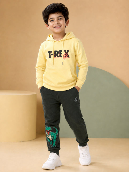 Kiddopanti Boys Cotton Blend Fleece Full Sleeves Hooded Sweatshirt & Graphic Printed Track Pants Set