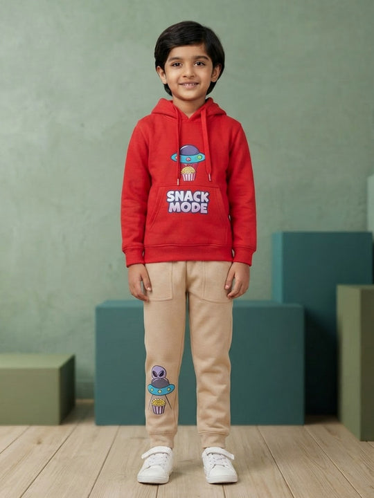 Kiddopanti Boys Cotton Blend Fleece Full Sleeves Hooded Sweatshirt & Graphic Printed Track Pants Set