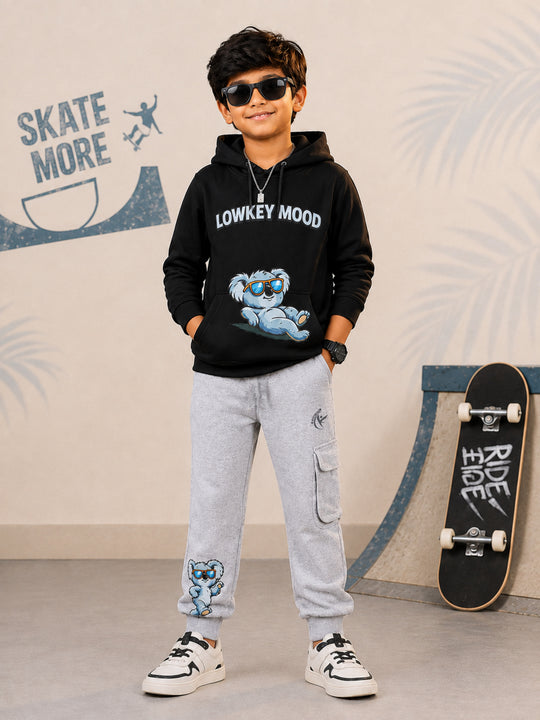 Kiddopanti Boys Cotton Blend Fleece Full Sleeves Hooded Sweatshirt & Graphic Printed Cargo Track Pants Set