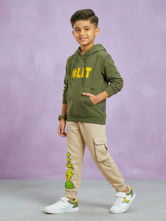 Kiddopanti Boys Cotton Blend Fleece Full Sleeves Hooded Sweatshirt & Graphic Printed Cargo Track Pants Set