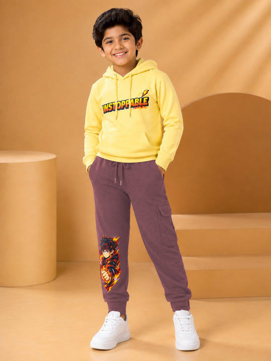 Kiddopanti Boys Cotton Blend Fleece Full Sleeves Hooded Sweatshirt & Graphic Printed Cargo Track Pants Set