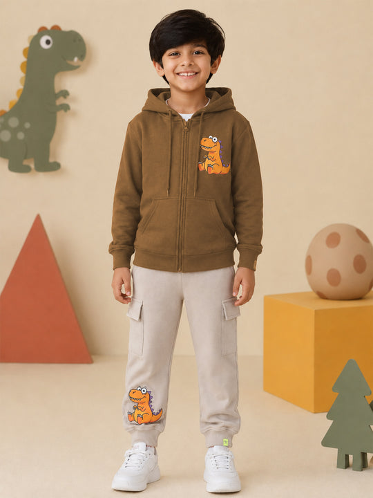 Kiddopanti Boys Cotton Fleece Zip Open Hooded Sweatshirt & Fleece Cargo Joggers Co-ord Set