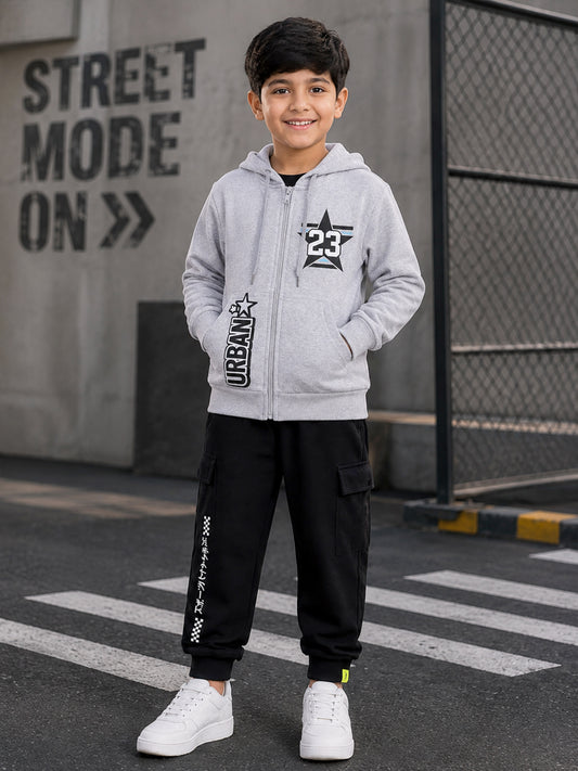 Kiddopanti Boys Cotton Fleece Zip Open Hooded Sweatshirt & Fleece Cargo Joggers Co-ord Set