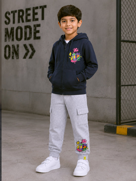 Kiddopanti Boys Cotton Fleece Zip Open Hooded Sweatshirt & Fleece Cargo Joggers Co-ord Set