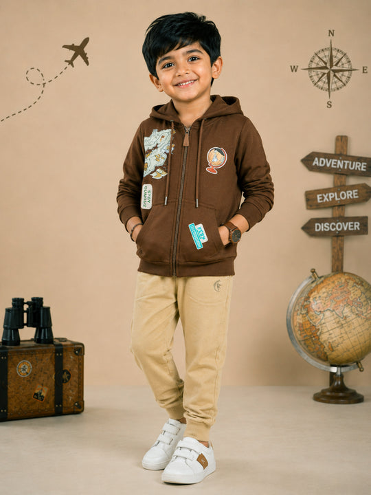 Kiddopanti Boys Cotton Fleece Graphic Zip Front Hooded Sweatshirt & Solid Fleece Track Pants Co-ord Set