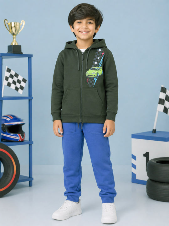 Kiddopanti Boys Cotton Fleece Graphic Zip Front Hooded Sweatshirt & Solid Fleece Track Pants Co-ord Set