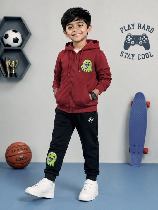 Kiddopanti Boys Cotton Fleece Graphic Zip Hooded Sweatshirt & Graphic Fleece Track Pants Set