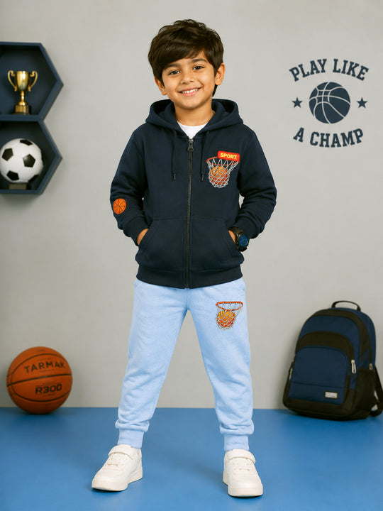 Kiddopanti Boys Cotton Fleece Graphic Zip Hooded Sweatshirt & Graphic Fleece Track Pants Set