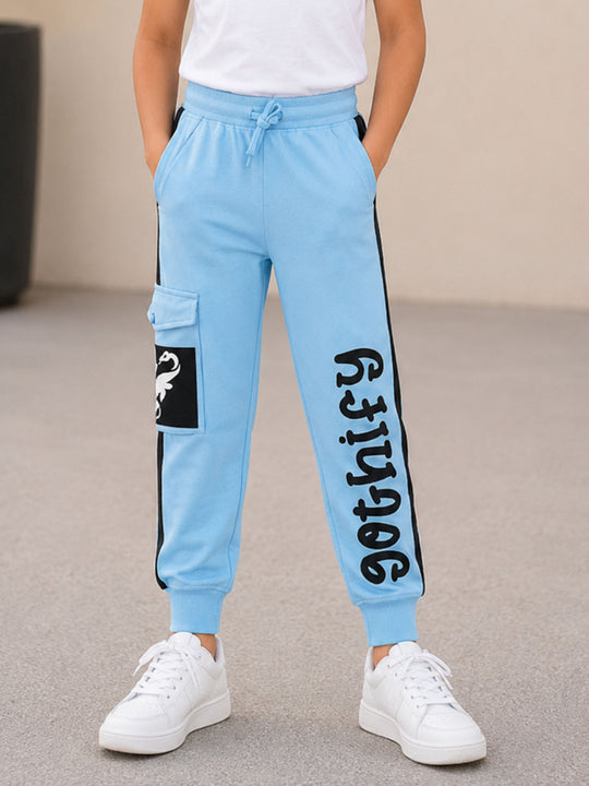 Kiddopanto Boys Cotton Knit Gothify Printed Cargo Track Pant
