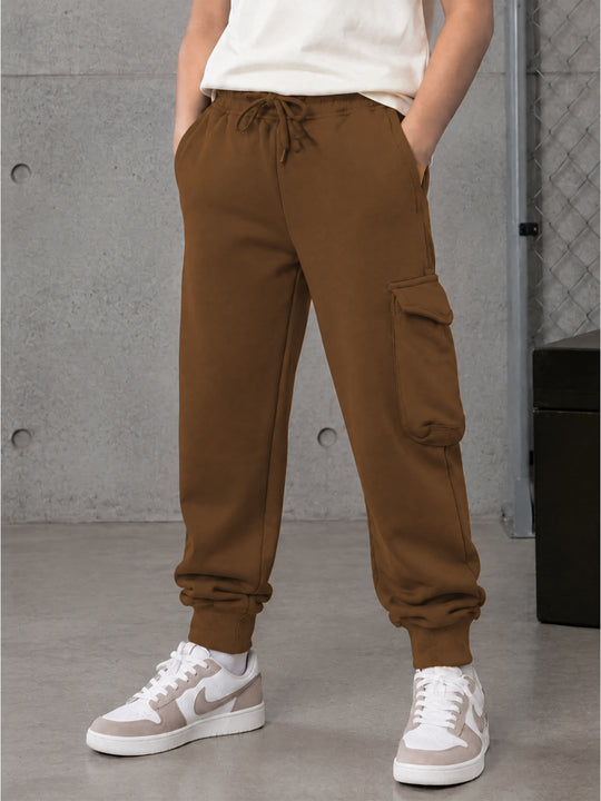 Kiddopanti Boys Cotton Fleece Solid Cargo Joggers Track pant