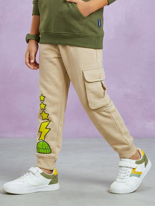 Kiddopanti Boys Cotton Fleece Graphic Printed Cargo Track Pant