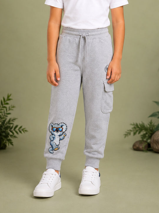 Kiddopanti Boys Cotton Fleece Graphic Printed Cargo Track Pant