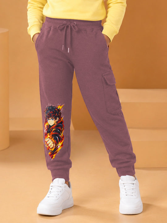 Kiddopanti Boys Cotton Fleece Graphic Printed Cargo Track Pant