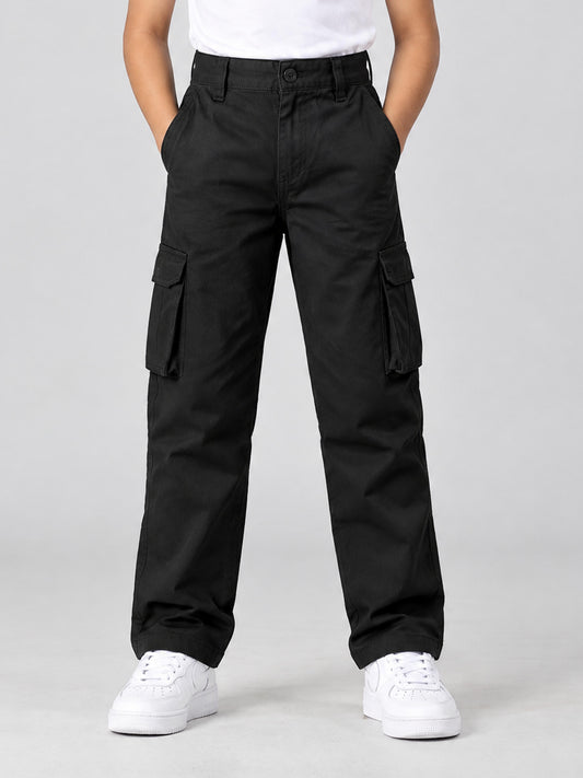 Kiddopanti Boys Cotton Woven Solid Cargo Pant With Utility Pockets
