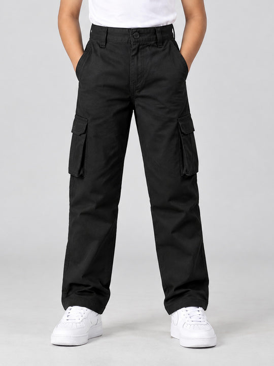 Kiddopanti Boys Cotton Woven Solid Cargo Pant With Utility Pockets