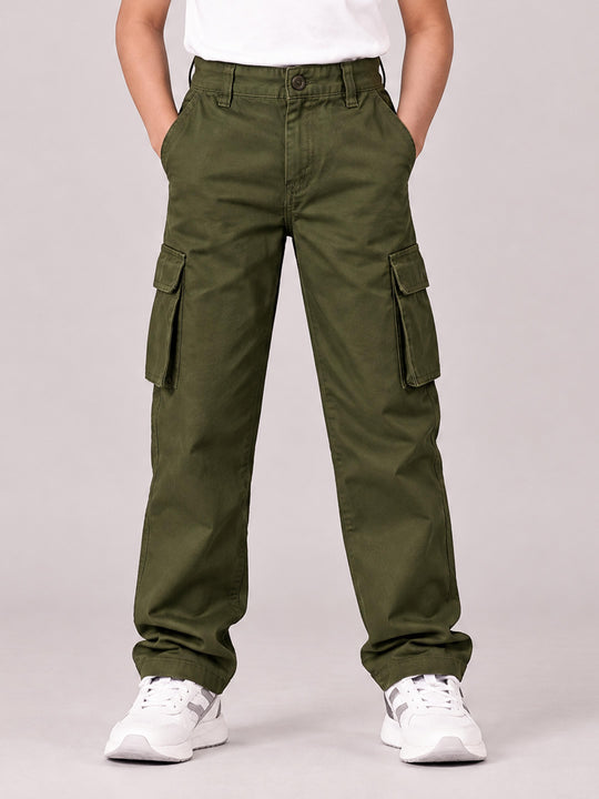 Kiddopanti Boys Cotton Woven Solid Cargo Pant With Utility Pockets