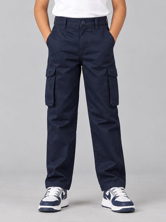 Kiddopanti Boys Cotton Woven Solid Cargo Pant With Utility Pockets