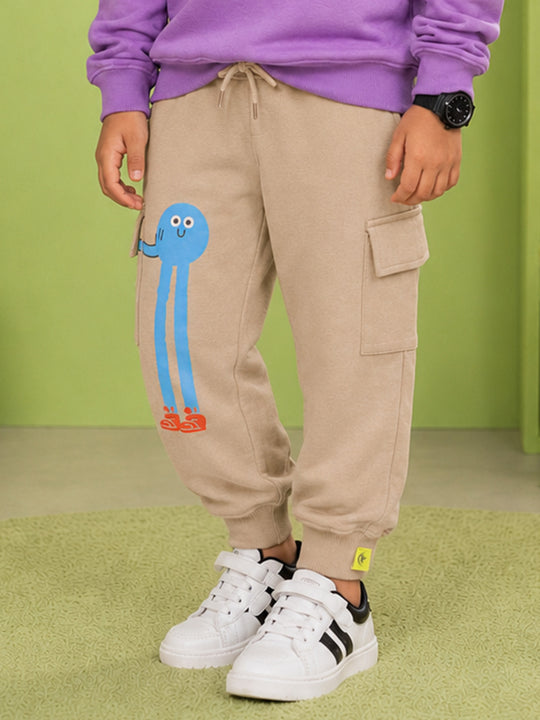 Kiddopanti Boys Cotton Fleece Graphic Printed Cargo Joggers