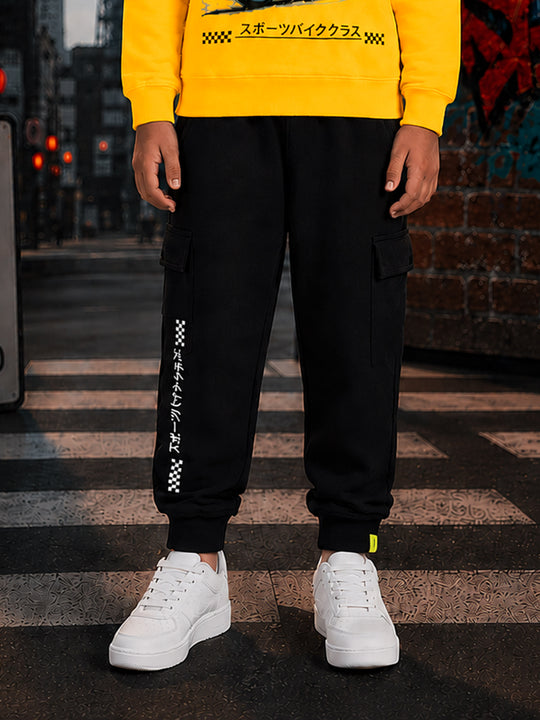 Kiddopanti Boys Cotton Fleece Graphic Printed Cargo Joggers