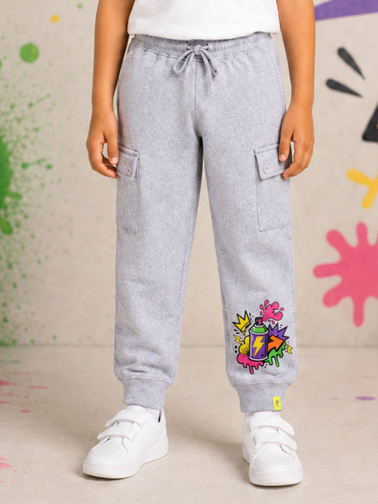 Kiddopanti Boys Cotton Fleece Graphic Printed Cargo Joggers