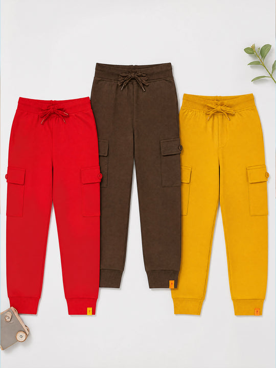 Kiddopanti Boys Cotton Knit Cargo Jogger Pants Pack of 3