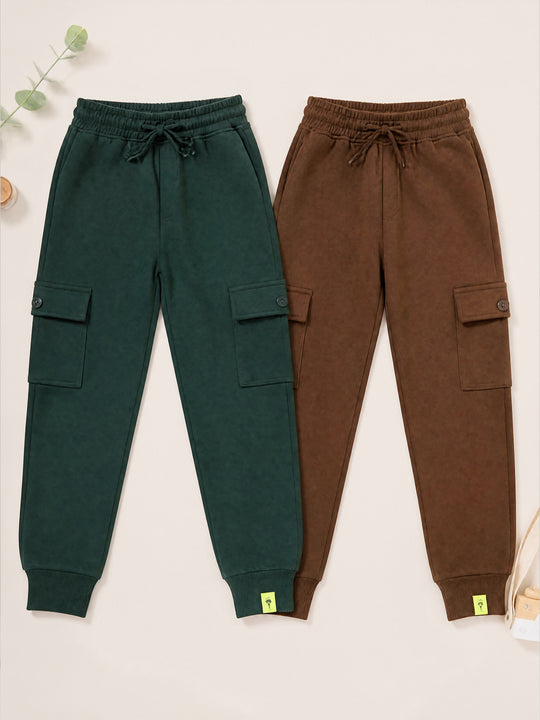 Kiddopanti Boys Cotton Fleece Joggers Cargo Pocket Track Pants Pack of 2