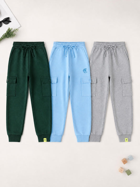 Kiddopanti Boys Cotton Fleece Joggers Cargo Pocket Track Pants Pack of 3