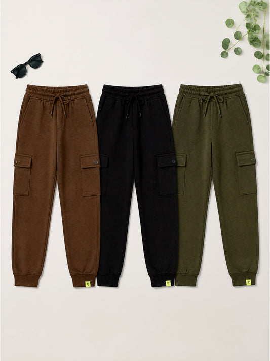 Kiddopanti Boys Cotton Fleece Joggers Cargo Pocket Track Pants Pack of 3