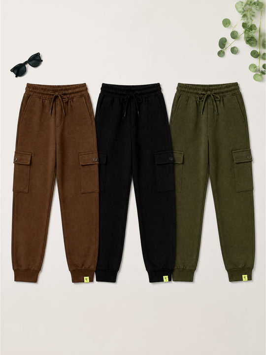 Kiddopanti Boys Cotton Fleece Joggers Cargo Pocket Track Pants Pack of 3