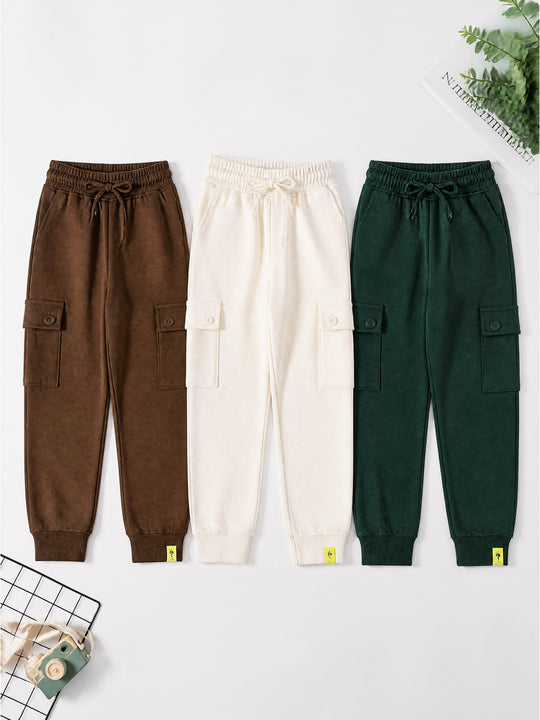 Kiddopanti Boys Cotton Fleece Joggers Cargo Pocket Track Pants Pack of 3