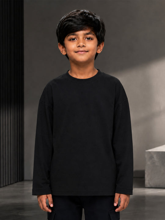 Kiddopanti Boys Cotton Drop Shoulder Full Sleeves Solid T shirt