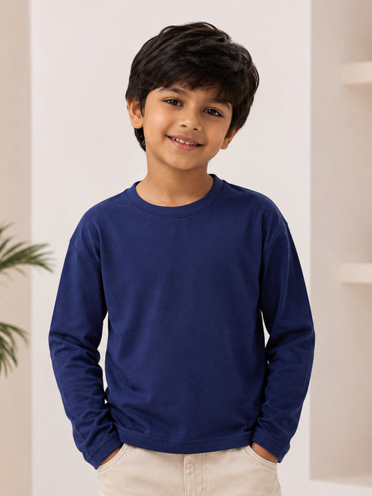 Kiddopanti Boys Cotton Drop Shoulder Full Sleeves Solid T shirt