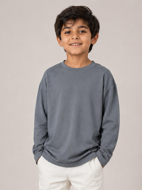 Kiddopanti Boys Cotton Drop Shoulder Full Sleeves Solid T shirt